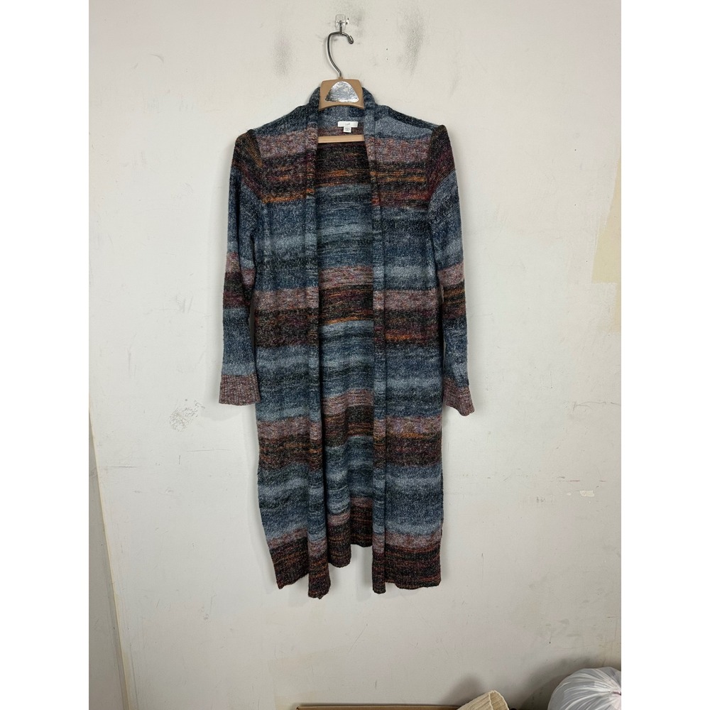 J. Jill Space Dye Striped Longline Open Duster Cardigan Blue Orange M Petite